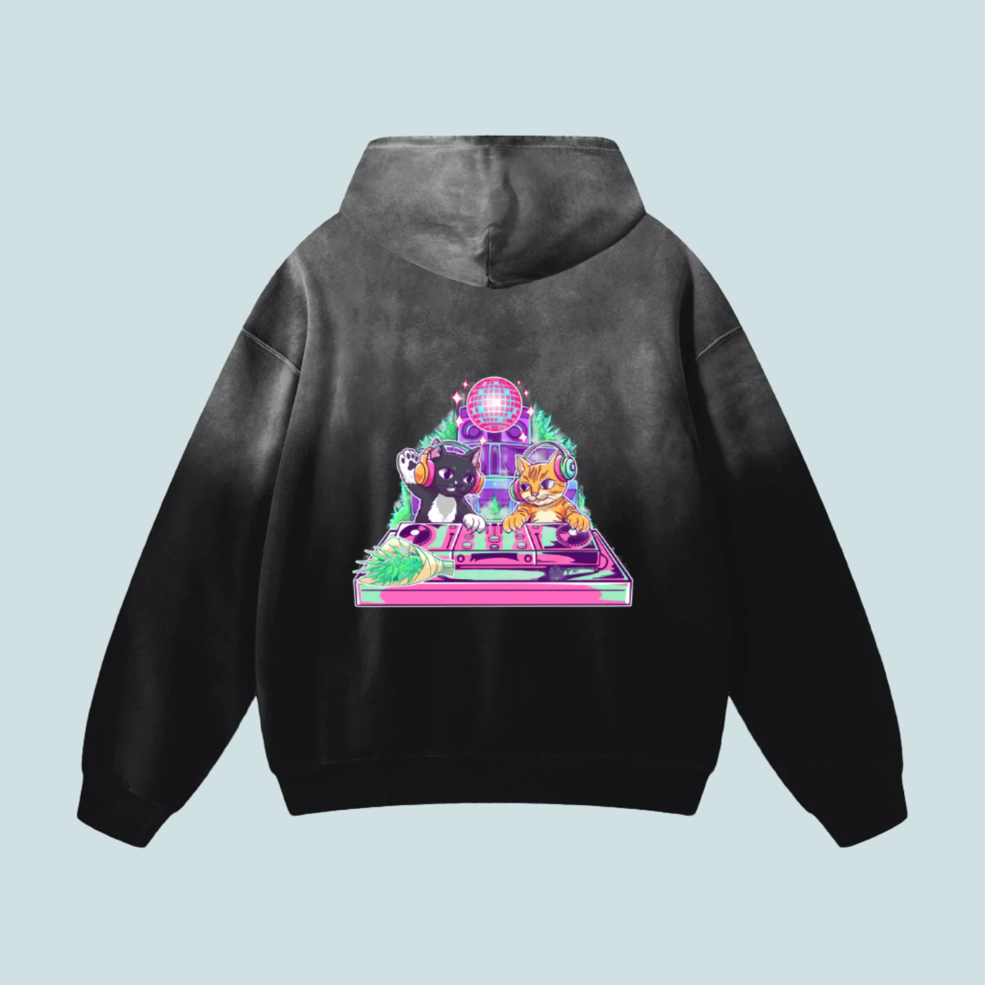 Black hoodie with a colorful graphic of animals on a turntable on the back, on a white background.