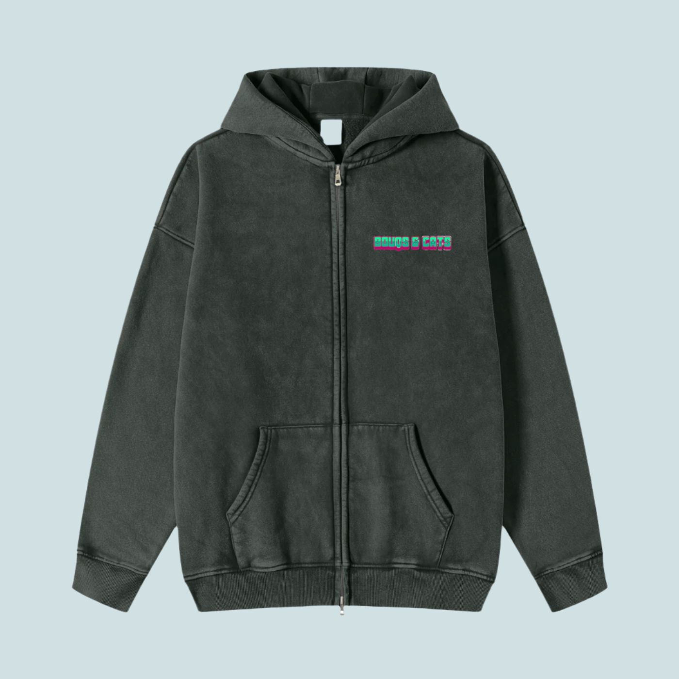 "Text / Classic Logo" Snow Washed BOUQS&CATS Zip-Through Hoodie