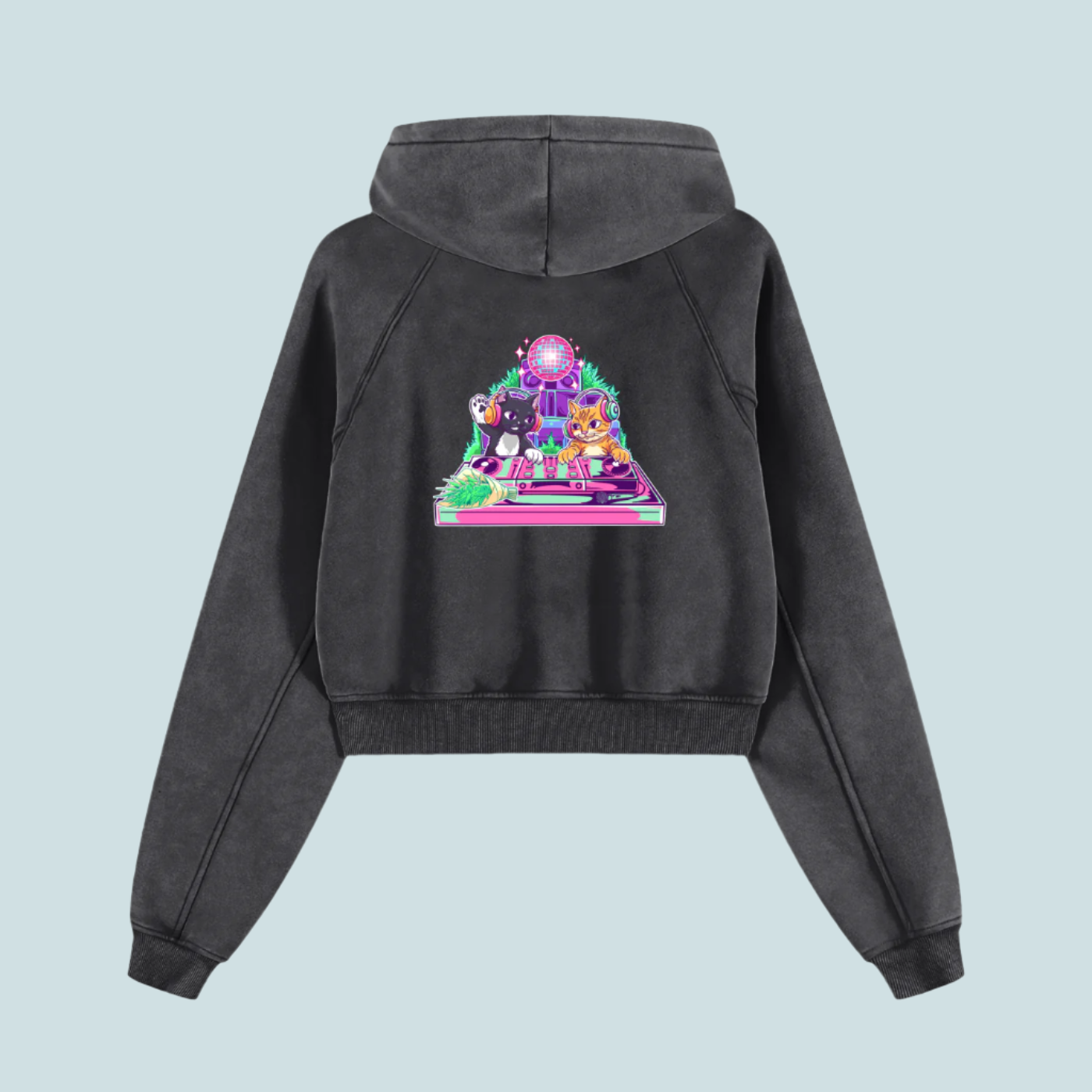 House Music Cats | Snow Washed BOUQS&CATS Cropped Hoodie - 355 GSM