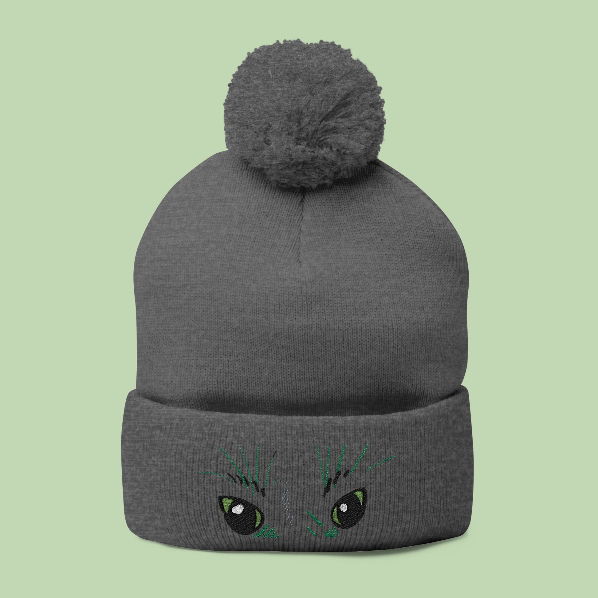 Peeking Eyes | Mochi Gardens Embroidered Pom-Pom Knit Cap
