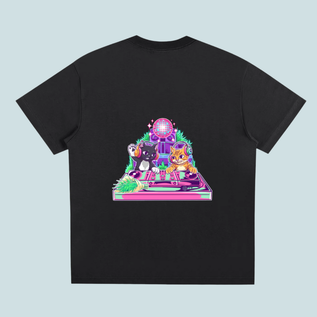 Black t-shirt with a colorful graphic of cats on a turntable and disco ball on a white background