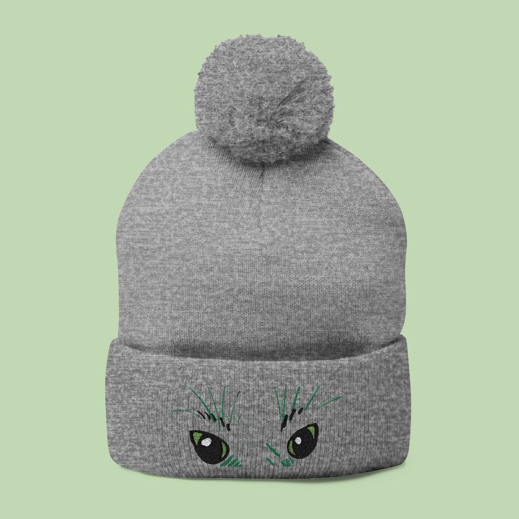 Peeking Eyes | Mochi Gardens Embroidered Pom-Pom Knit Cap