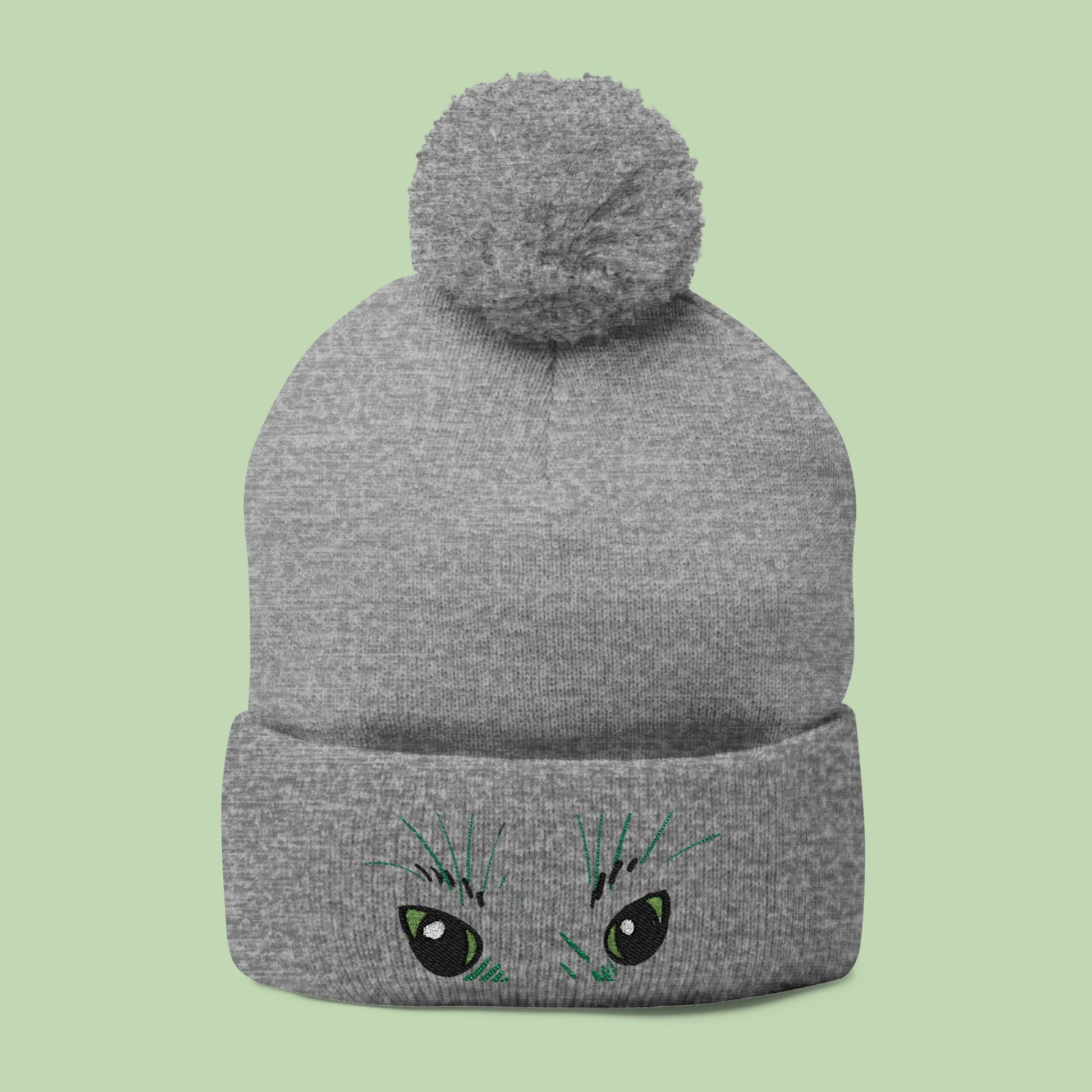 Peeking Eyes | Mochi Gardens Embroidered Pom-Pom Knit Cap