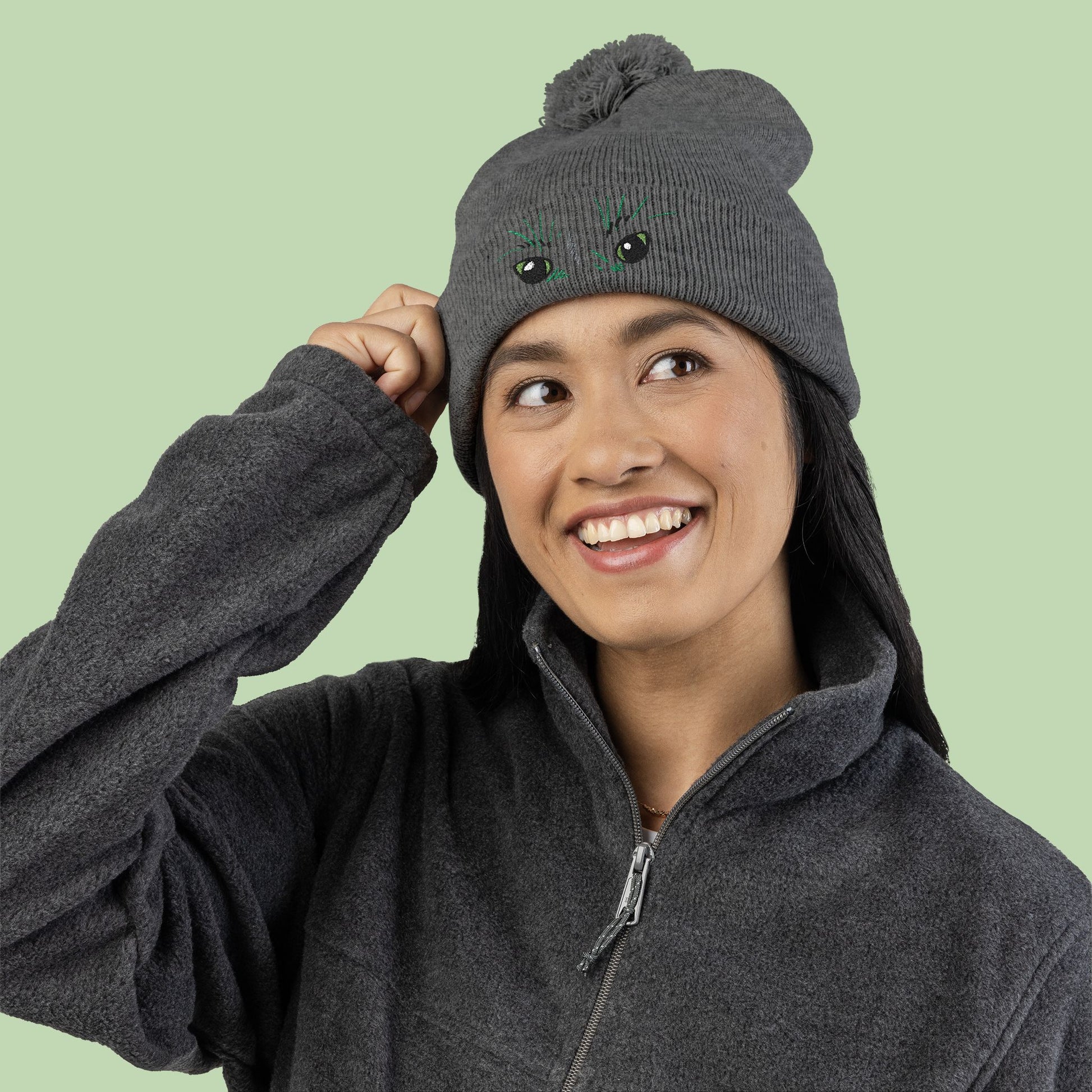 Peeking Eyes | Mochi Gardens Embroidered Pom-Pom Knit Cap