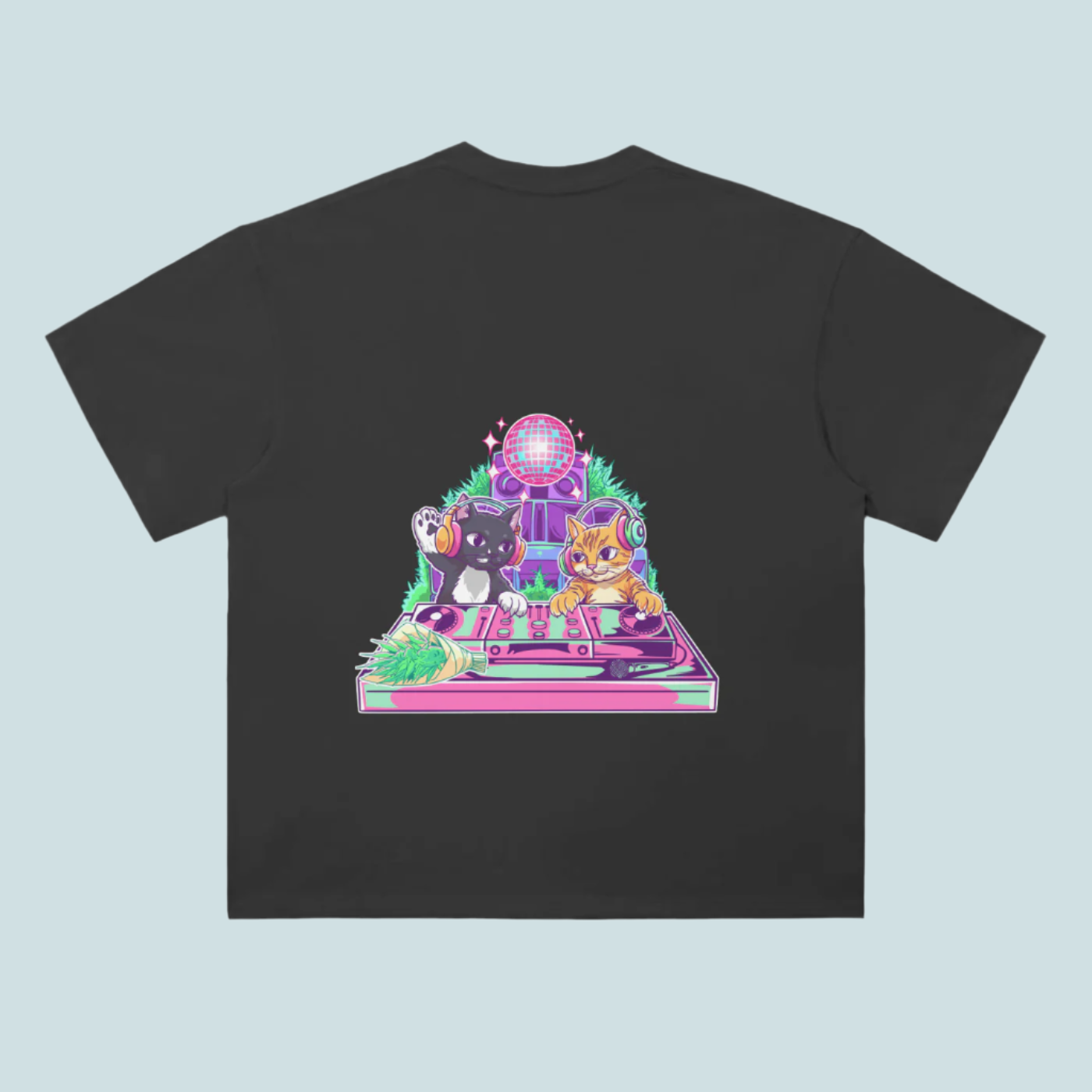 Black t-shirt with a colorful graphic of two cats on a turntable and disco ball.
