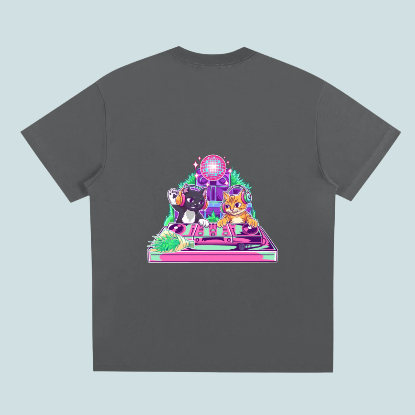 Gray t-shirt with a colorful graphic of cats on a turntable and disco ball on a white background