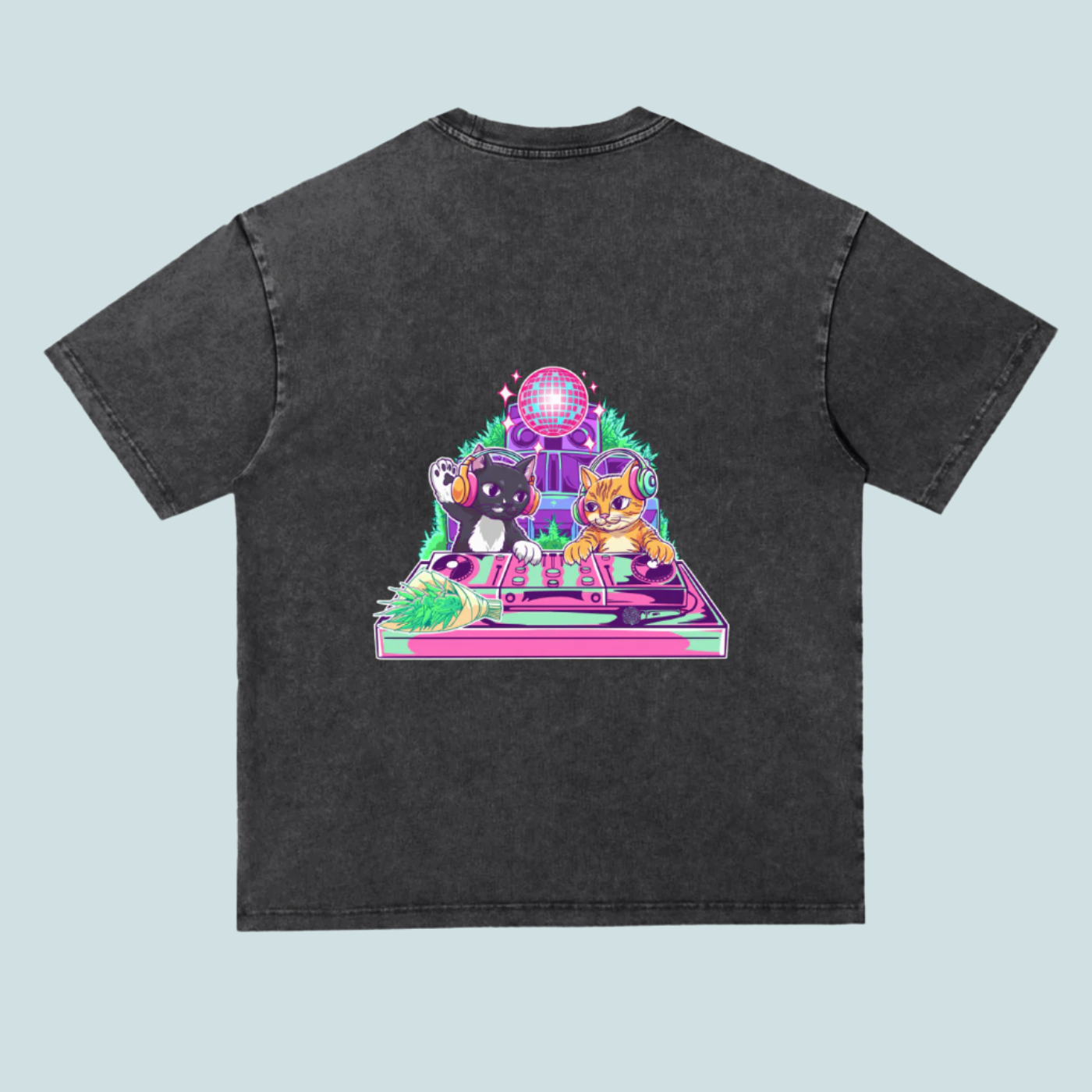 Black t-shirt with a colorful graphic of cats on a turntable and disco ball on a white background