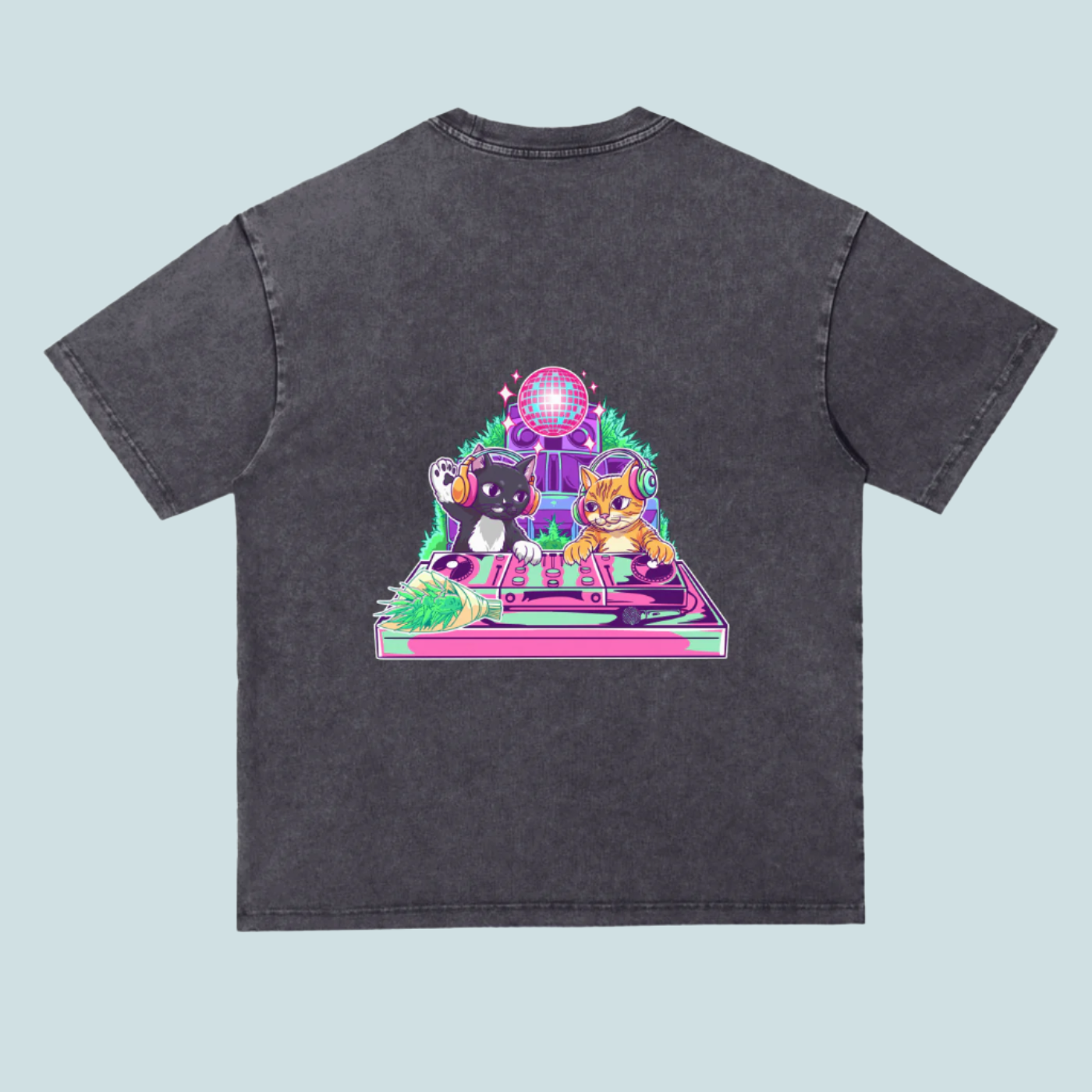Black t-shirt with a colorful graphic of cats on a turntable and disco ball on a white background