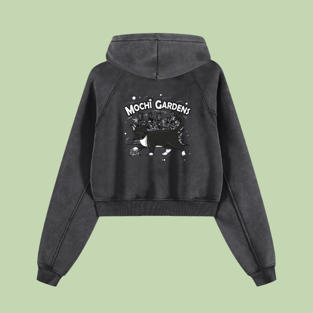 Eyes x Grayscale | Snow Washed Mochi Gardens Cropped Hoodie - 355 GSM