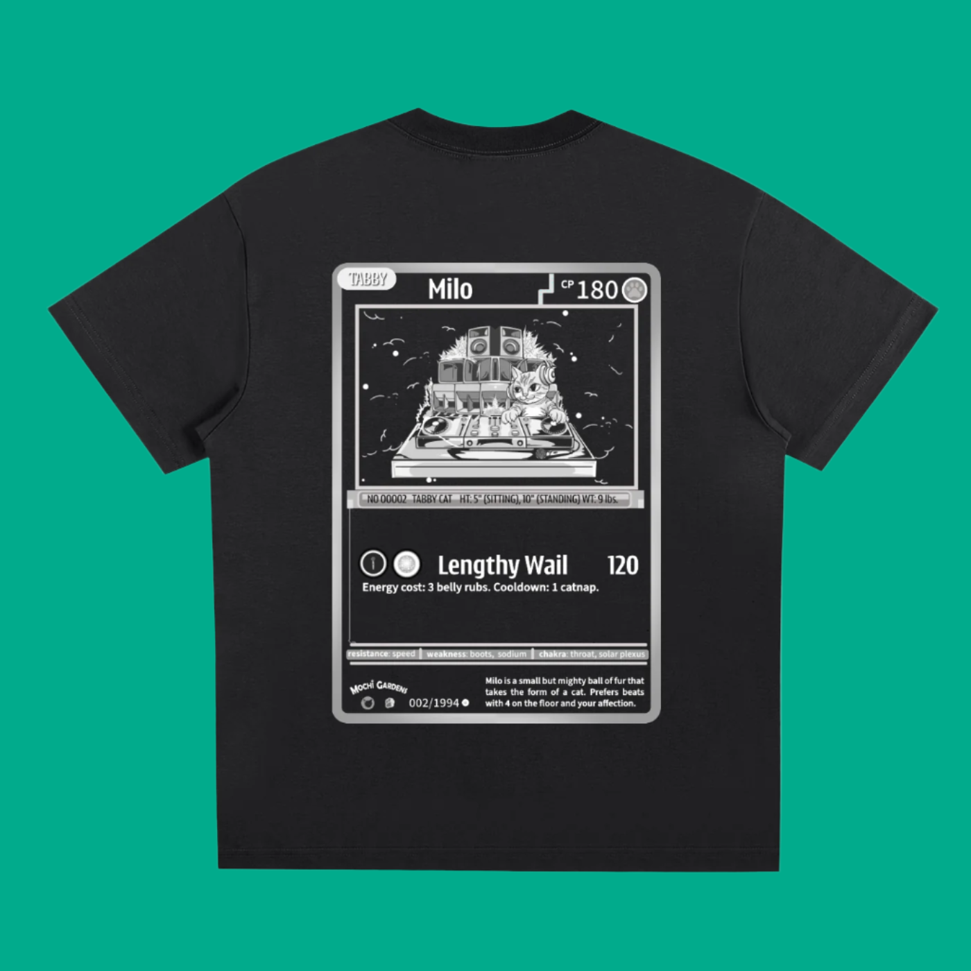 Black t-shirt with a graphic design on the back featuring text and a card-like layout.