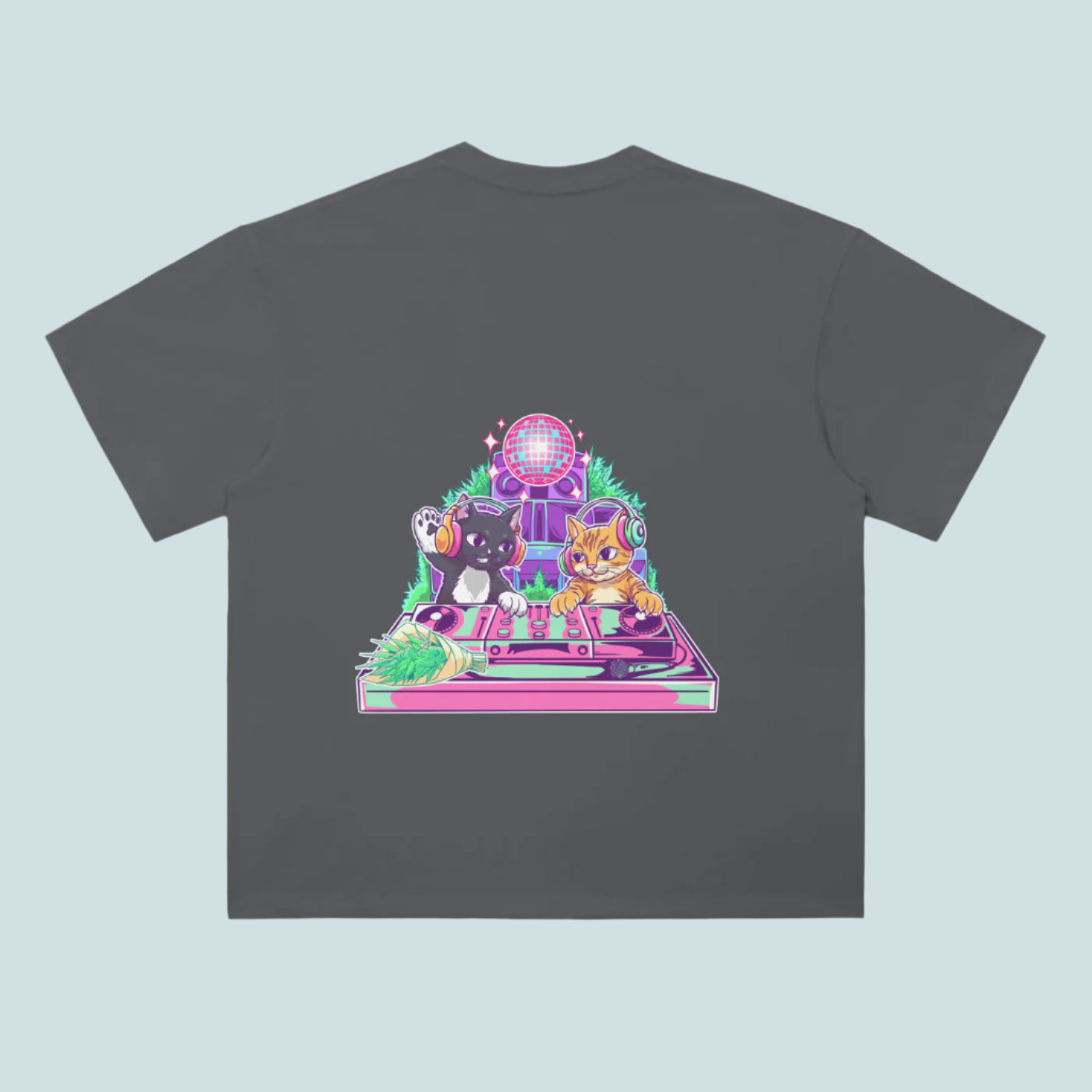 Gray t-shirt with a colorful graphic of two cats on a turntable and disco ball.